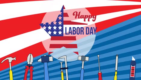 animation of happy labor day text over star, tools and american flag