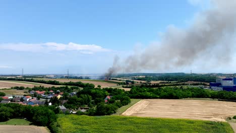 aerial view of burning wheat field with smoke - drone shot