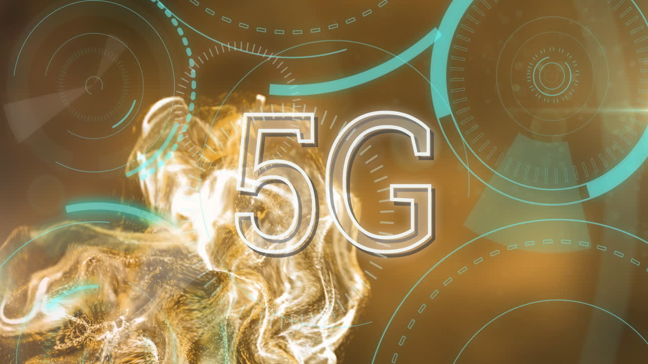 animazione di banner di testo 5g, scanner rotondi e onde digitali su sfondo a gradiente arancione.