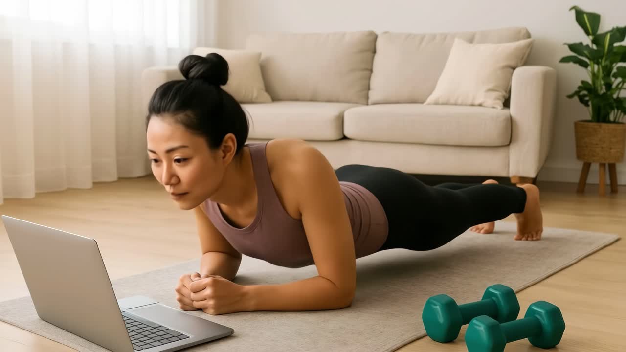 A woman planking in a cozy living room, viewed from a side angle