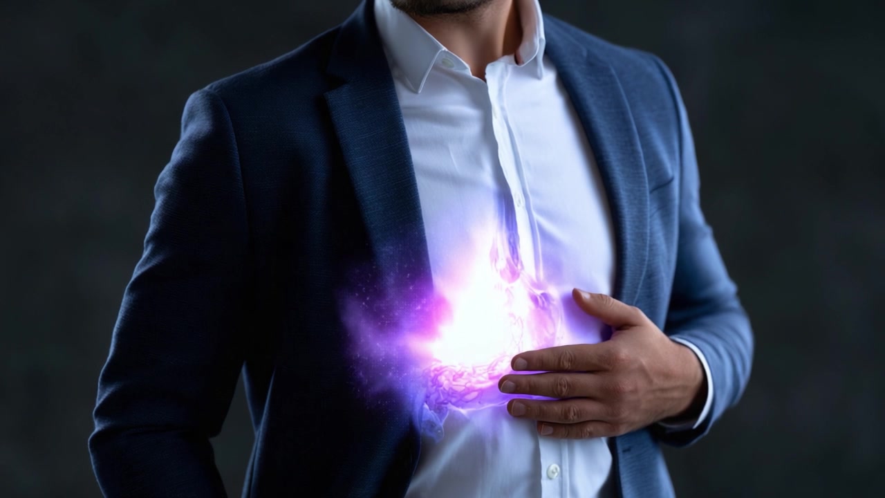 Transformación Interior: Un hombre en traje revela un núcleo de energía brillante de su pecho, simbolizando el poder y el potencial internos en una narrativa visual profundamente cautivadora.