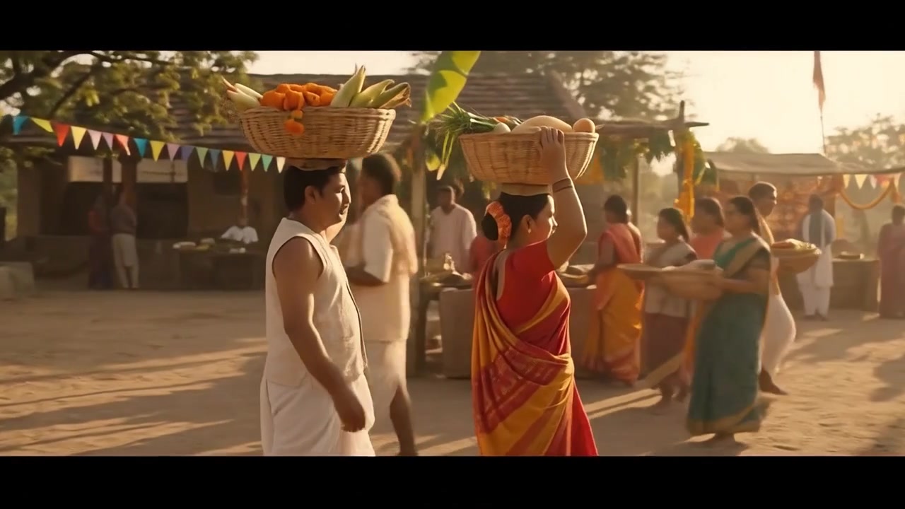 Aldeões indianos carregando cestas de produtos em um cenário de aldeia festiva