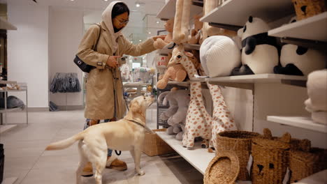 Una-Joven-Madre-De-Perro-Le-Muestra-A-Su-Adorable-Y-Curioso-Labrador-Lindos-Y-Suaves-Juguetes-De-Peluche-En-Una-Tienda-Que-Admite-Mascotas