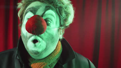 clown die een komisch liedje op het podium uitvoert