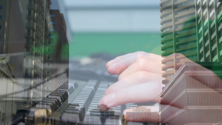 Animation of woman typing on computer keyboard with cityscape in background