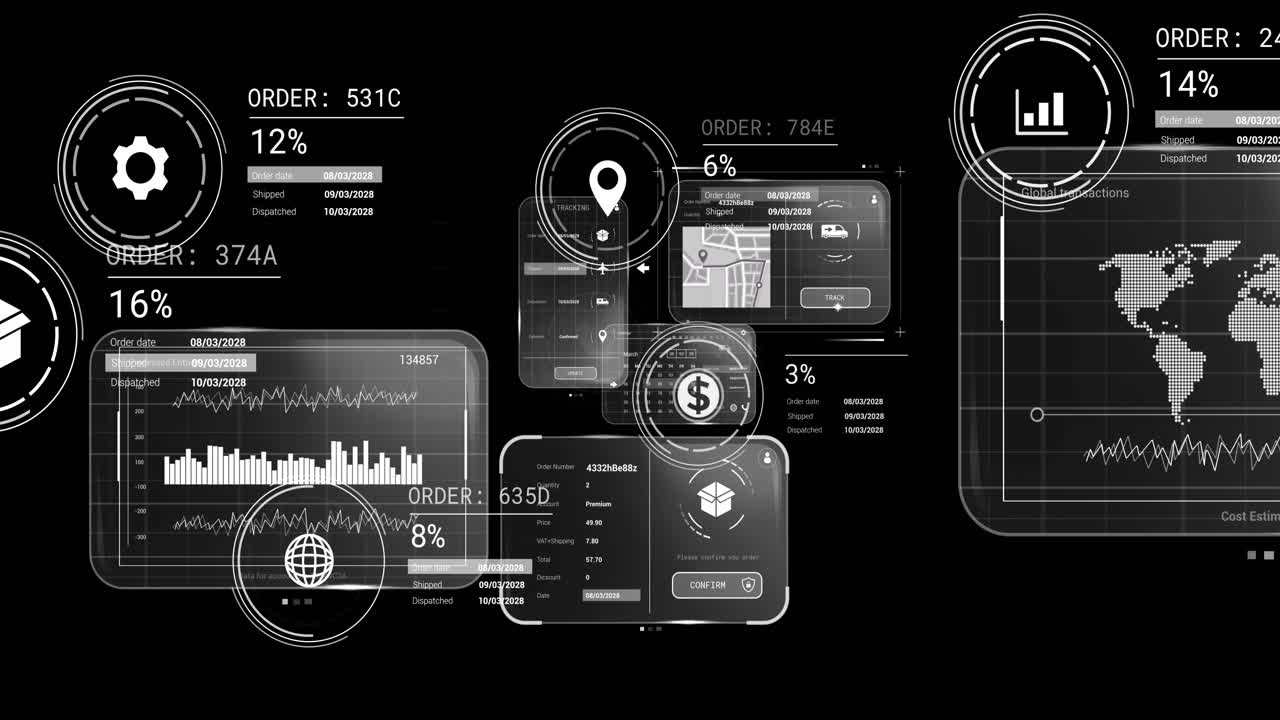 animación del procesamiento de datos en pantallas sobre fondo negro