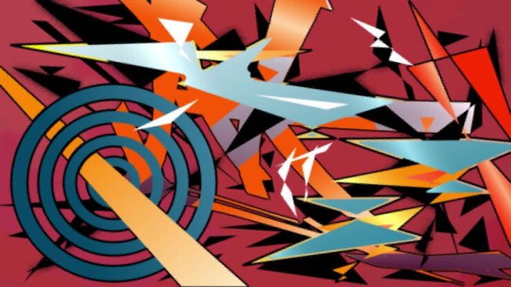 Animation of multiple retro abstract shapes moving on red background