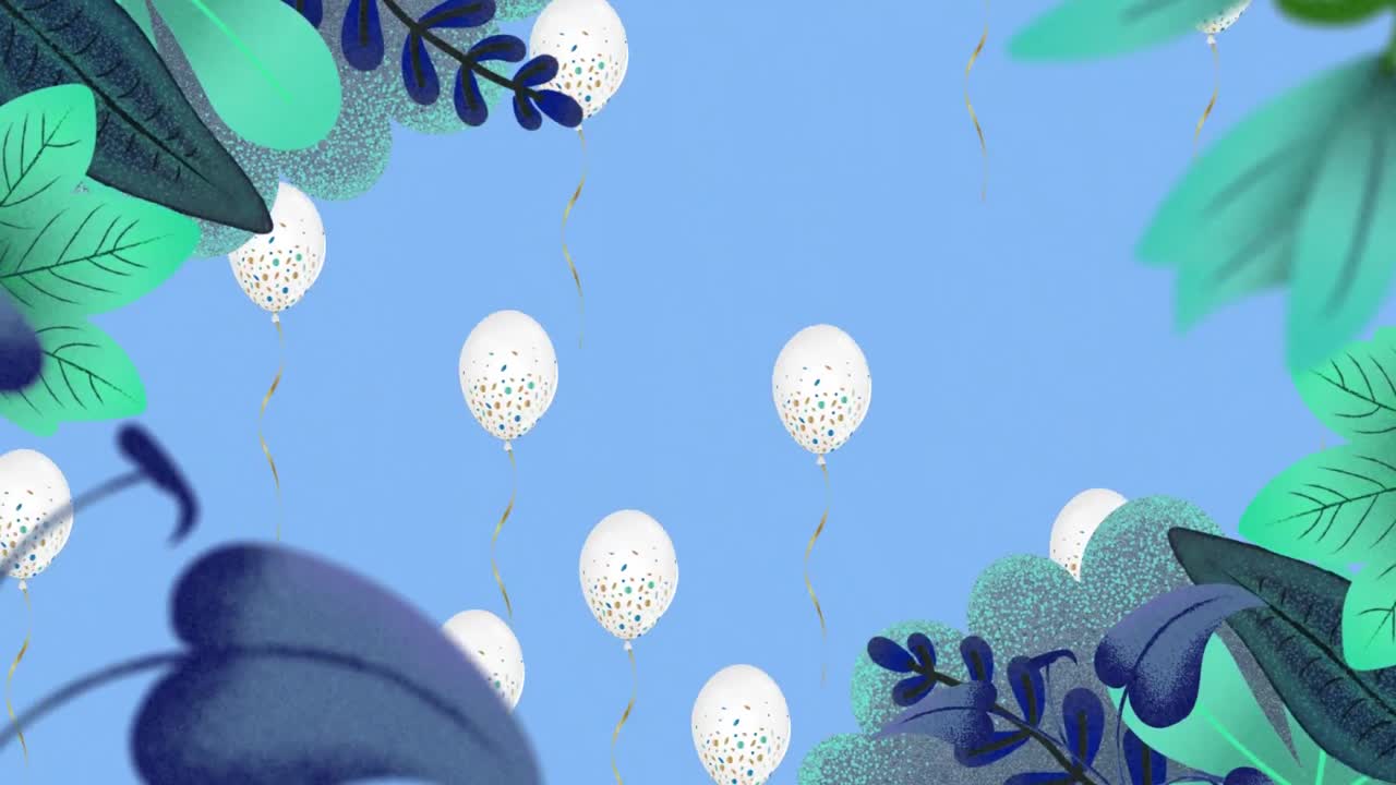 hojas sobre varios globos flotando sobre un fondo azul