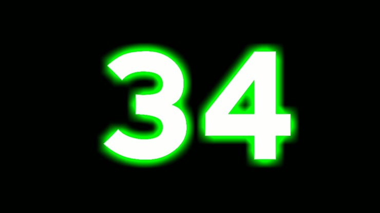 Numero neon 34 trentaquattro, simbolo di animazione moderna e motion graphics che si accende e spegne su sfondo nero, con colore verde brillante e luminoso per elementi video.