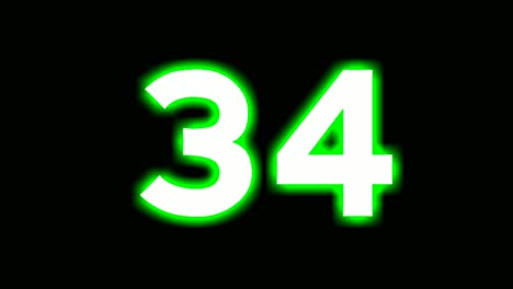 neon number 34 thirty four sign symbol modern animation motion graphics flicking on black background,green color glowing and shining for video elements