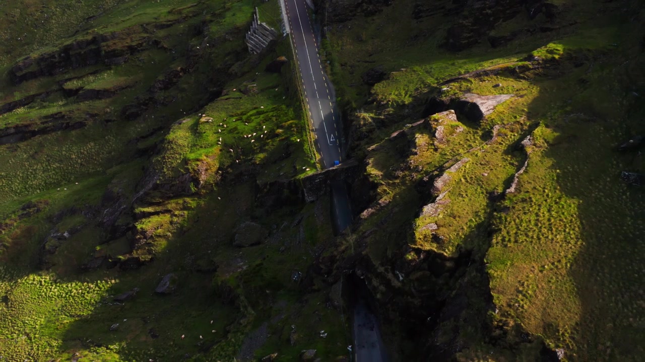 Opadstigende top-down udsigt over biler, der kører gennem Turners Rock Tunnel blandt får og bjerge.