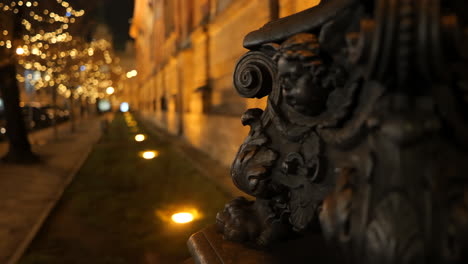 Gothic-church-ornament-to-blinking-lights-night-time-shot