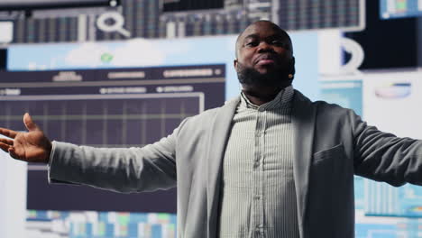 black public speaker expert hosting business presentation to share vision