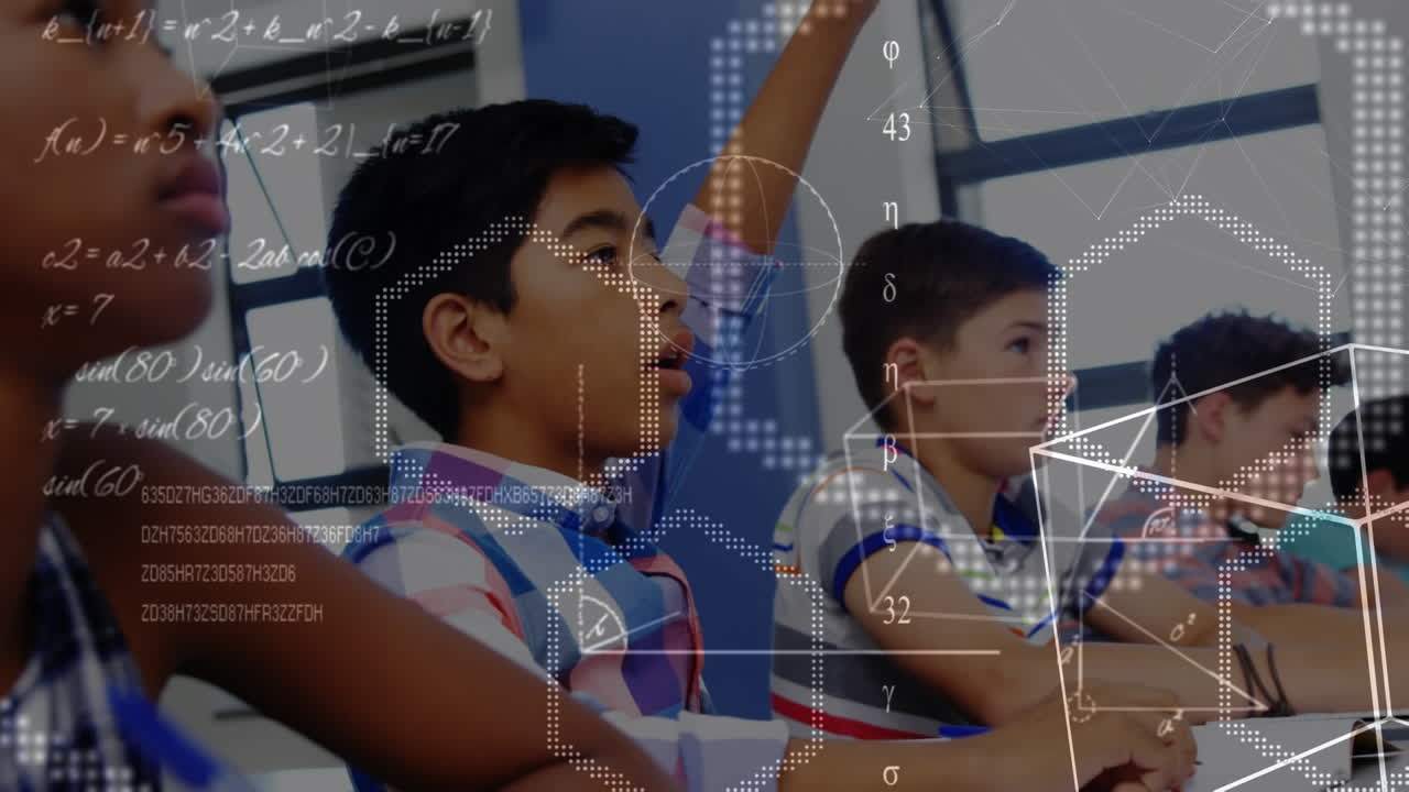 교실에서 학교 학생들에 대한  ⁇ 어 방정식의 애니메이션