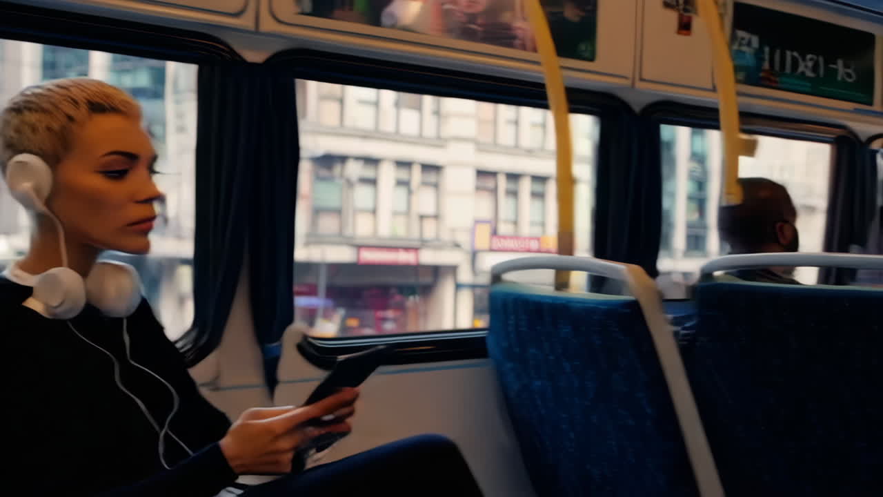 People commuting on a bus through a busy city street