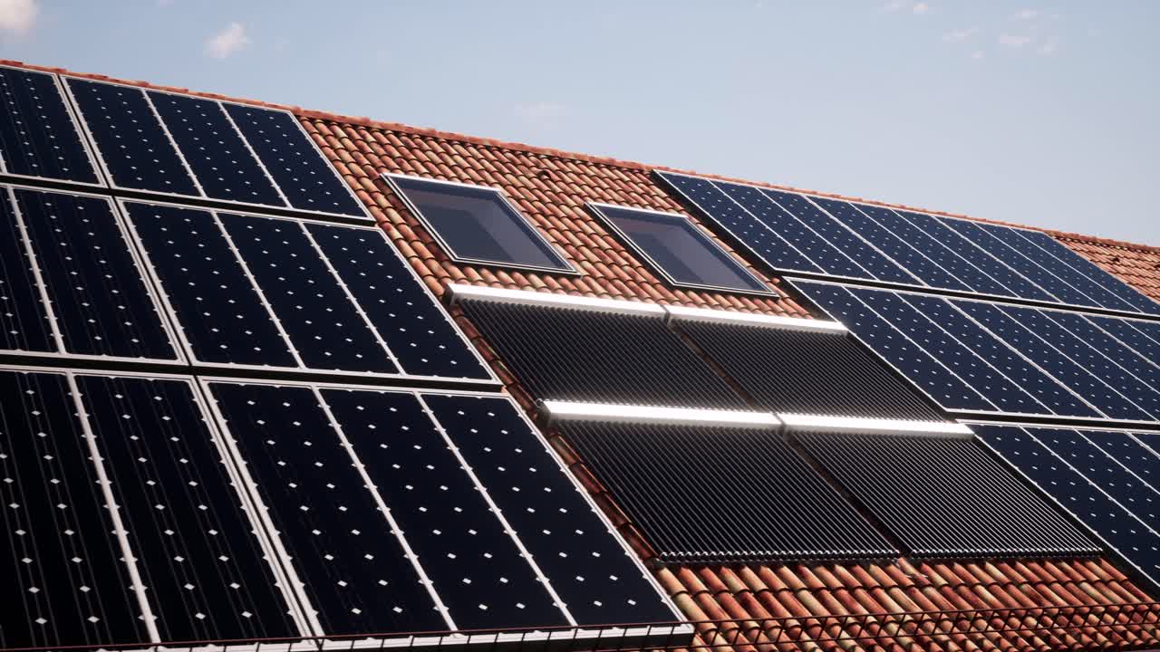 지붕에 있는 태양광 패널의 3d 애니메이션: 청정 에너지, 녹색 에너지, 재생 가능한 에너지의 개념