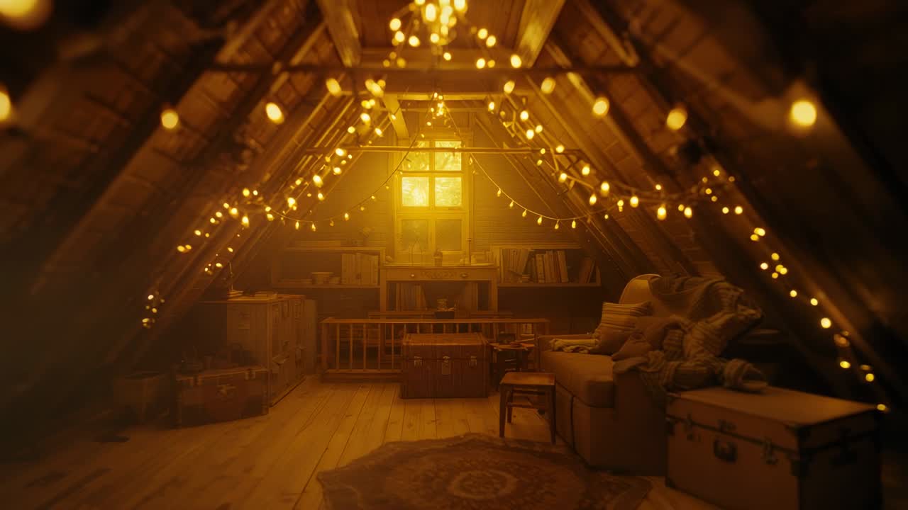 Racking focus camera lens revealing attic interior, with twinkling string lights and dusty window