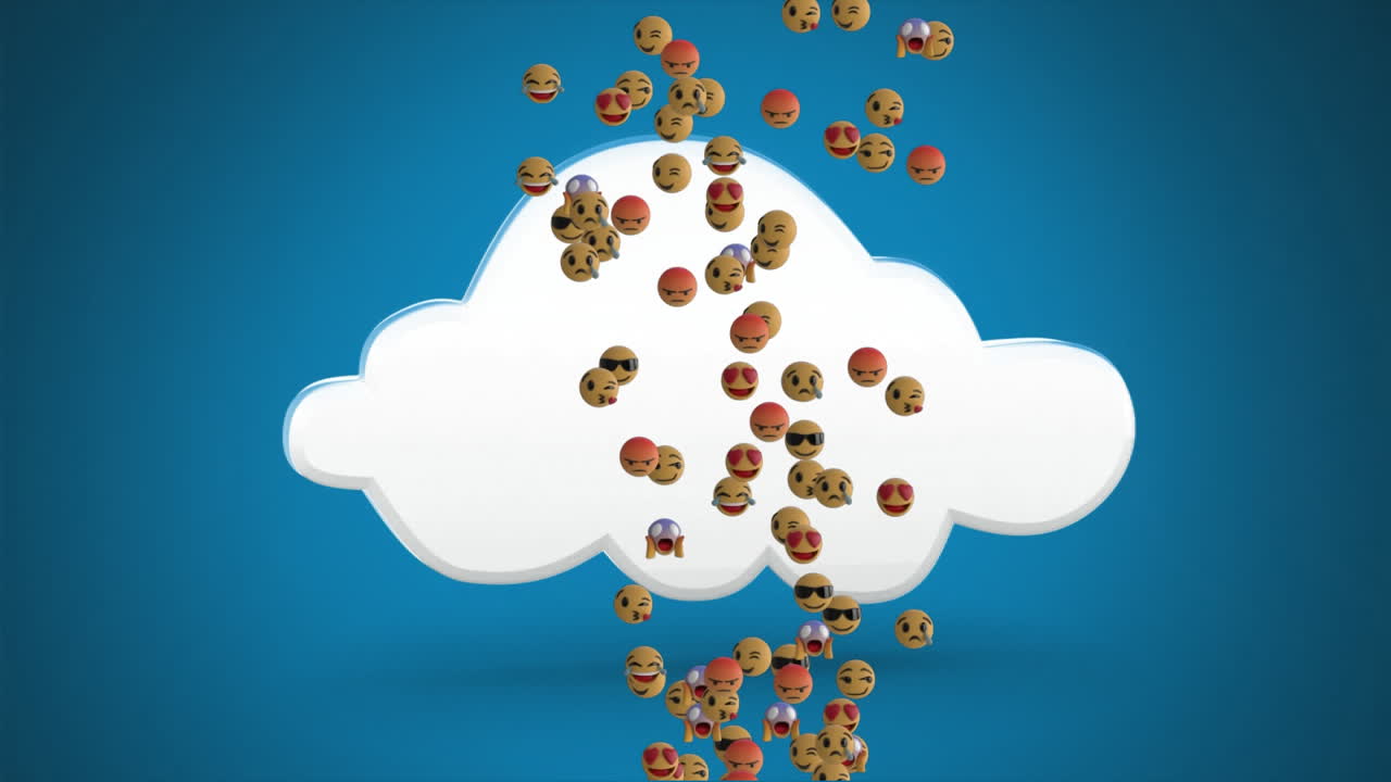 los emojis se mueven sobre el icono de la nube girando contra un fondo azul
