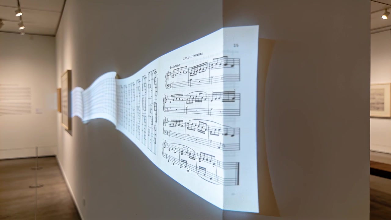 Ein Projektor startet und projiziert Noten, die sich über eine Wandfuge verschieben, um einen Bildlauf-Effekt zu erzeugen.