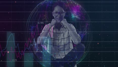 Finanzdatenverarbeitung-über-Porträt-Einer-Frau-Vor-Rotierendem-Globus