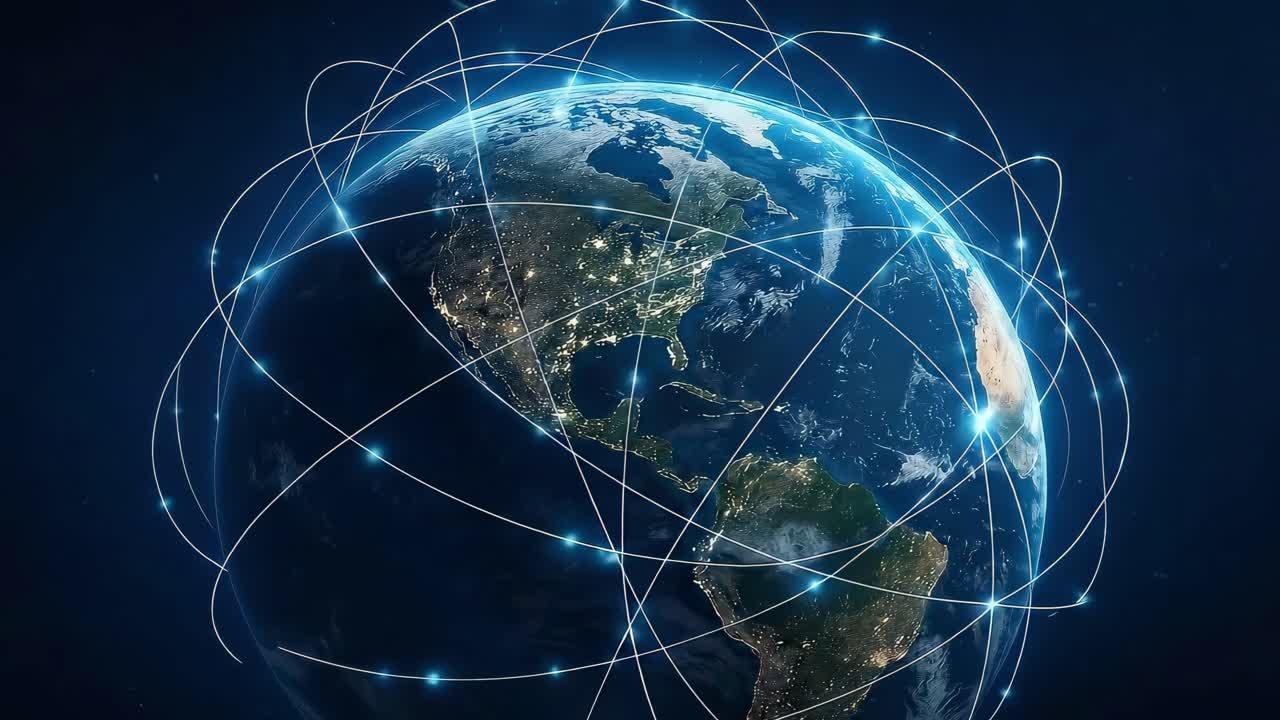 Aerial view of Earth with glowing network lines, capturing a global connectivity video theme