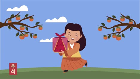 happy chuseok celebration animation with asian girl lifting gift