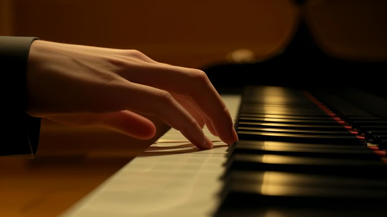Pressing poised pianist's right hand shaping short phrase at music room, dark cuff, grand piano