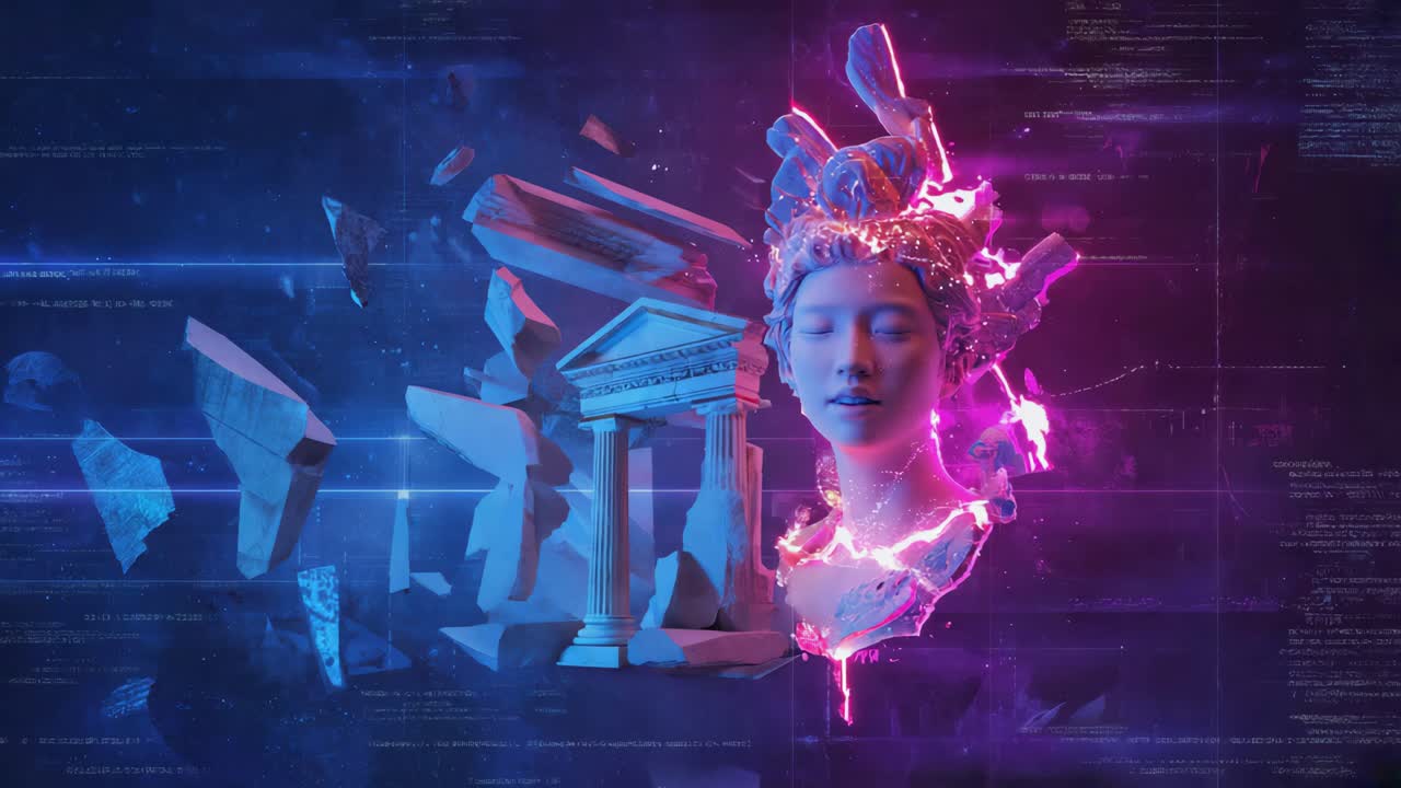 Digital rendering of a woman's bust and ancient architecture