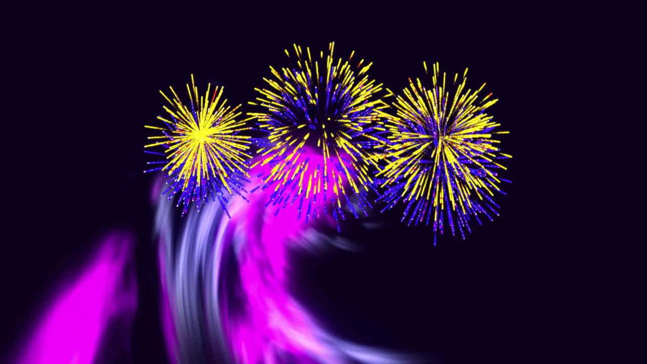 Animation of multicolored fireworks display and dynamic waves over black background