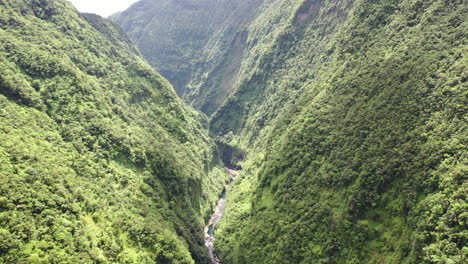 Vuelo-A-Lo-Largo-De-Las-Gargantas-Del-Río-Marsouins-Que-Atraviesa-Altas-Montañas