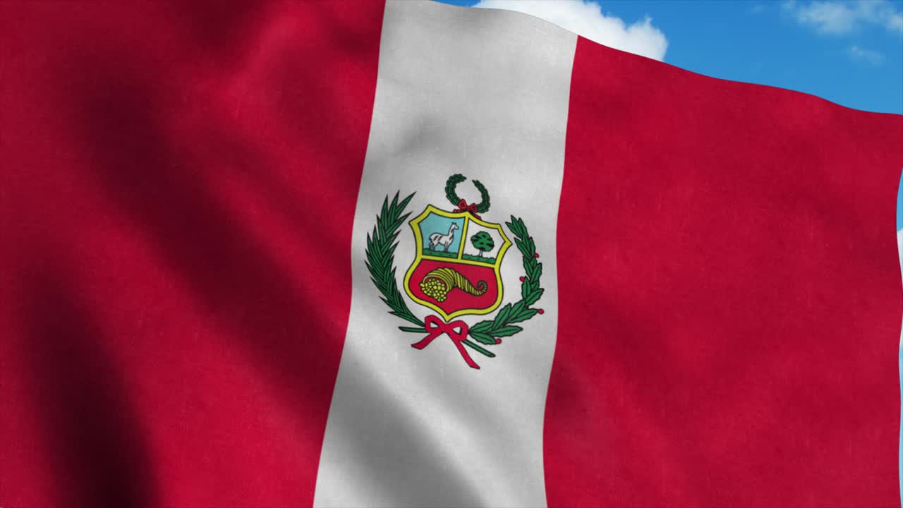 Peru flag waving in the wind, blue sky background. 4K
