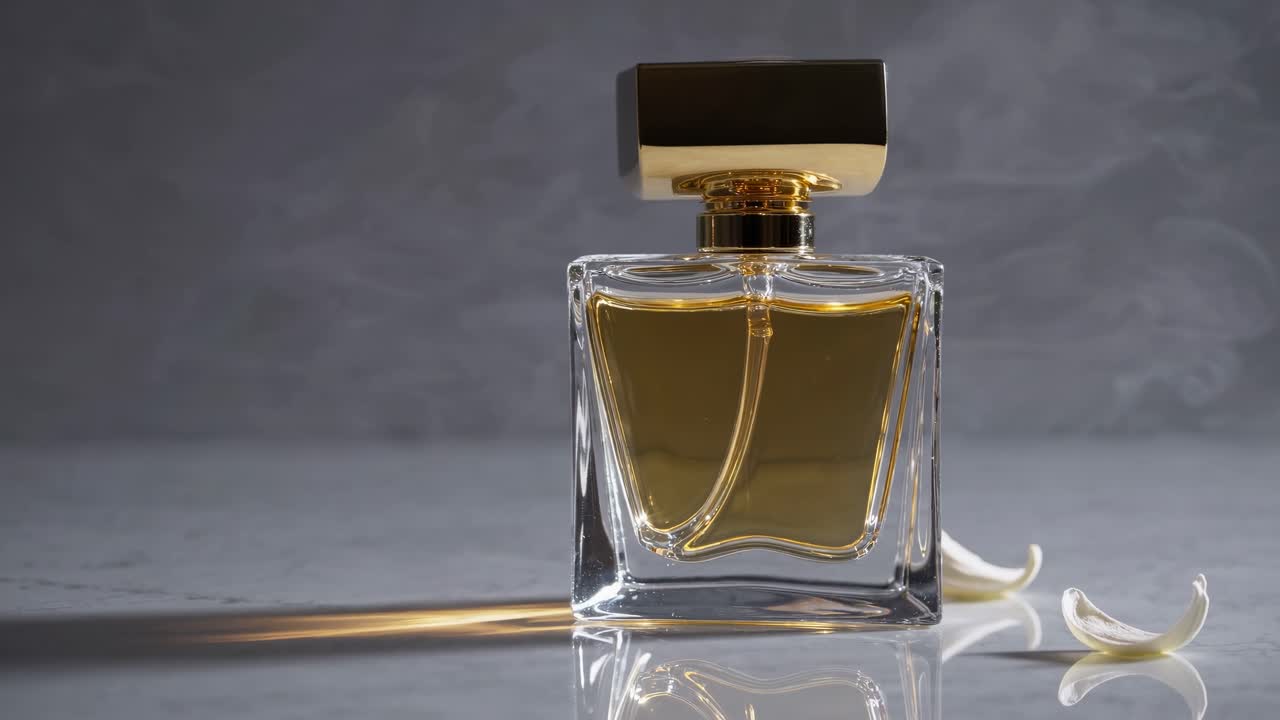 Elegante flacone di profumo su una superficie riflettente, catturato da un angolo basso