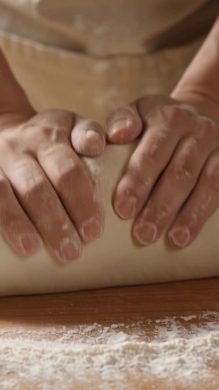 Video vertical: Manos presionando, estirando, doblando y sellando masa en una encimera de cocina enharinada, con delantal.