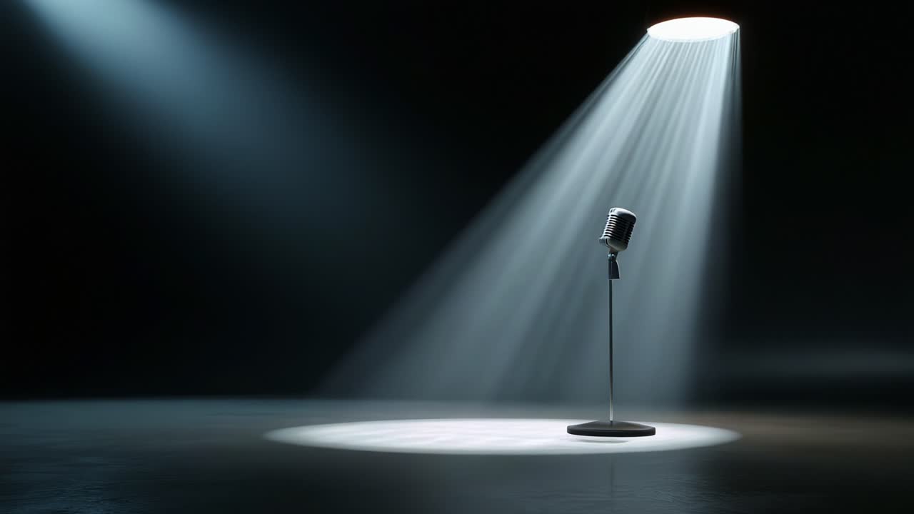 A Classic Microphone on a Spotlighted Stage Highlighted by Dramatic Lighting, Symbolizing the Essence of Performance and the Art of Communication in a Captivating Visual Composition