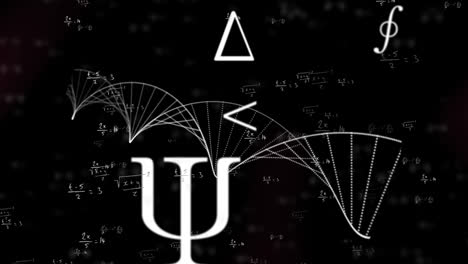 Digitale-Animation-Einer-DNA-Struktur,-Die-Sich-Vor-Schwebenden-Mathematischen-Gleichungen-Dreht