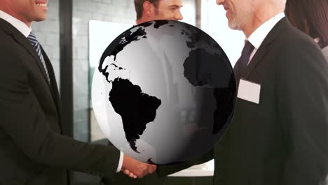 Animation-of-globe-over-businessman-handshake