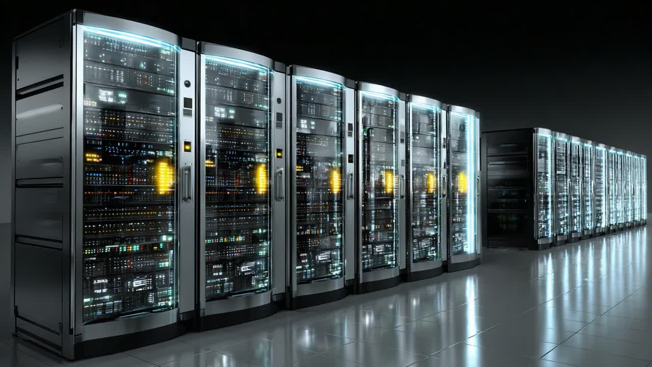 Advanced Data Center Cyber Infrastructure Featuring a Row of Sleek, High-Tech Server Racks Illuminated in an Elegant Dark Environment with Dynamic Lighting Effects