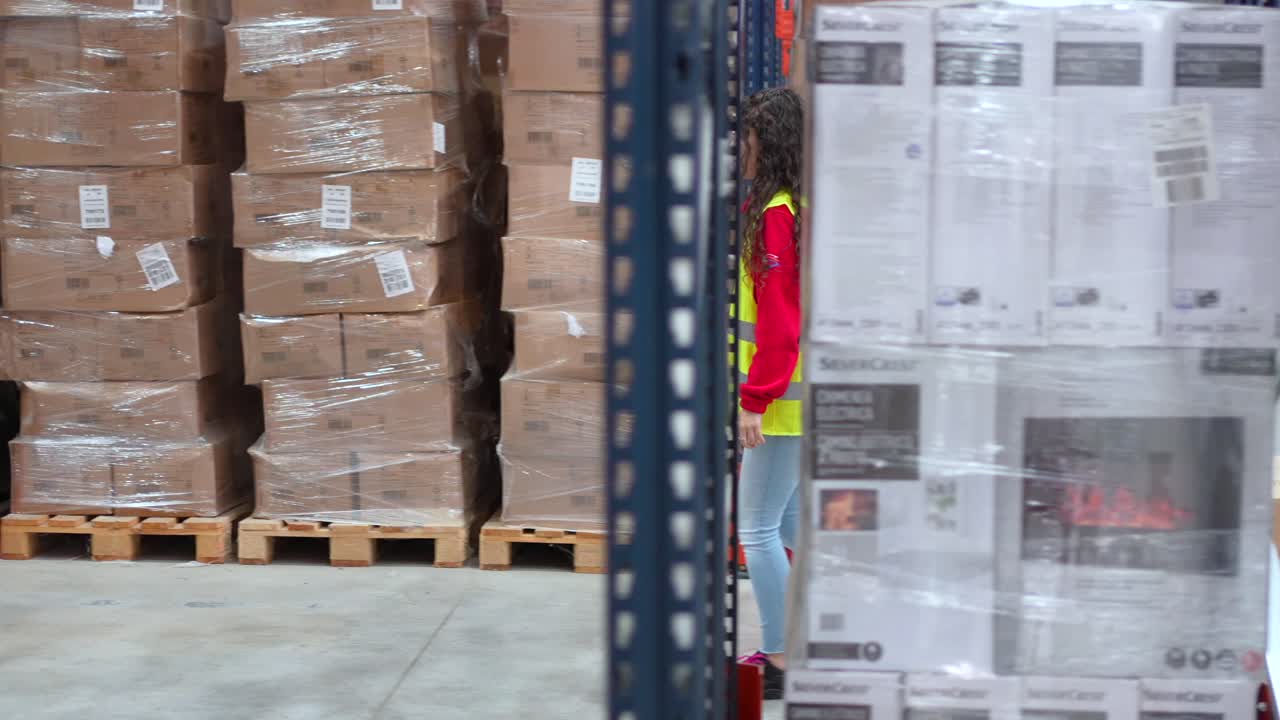 Warehouse worker with hand truck pulling pallets of boxes