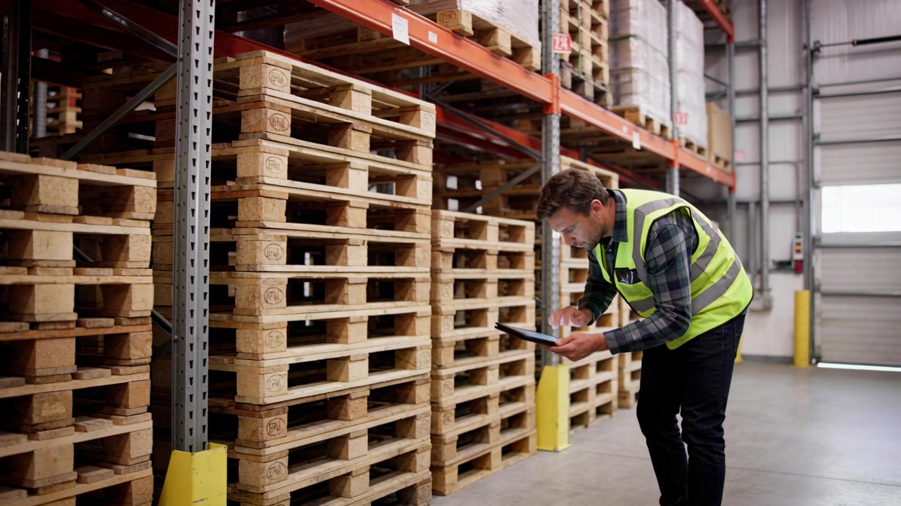 Lavoratore appoggiato che indossa un giubbotto ad alta visibilità, usa un tablet per controllare i pallet per le scorte in magazzino, spazio per il testo.