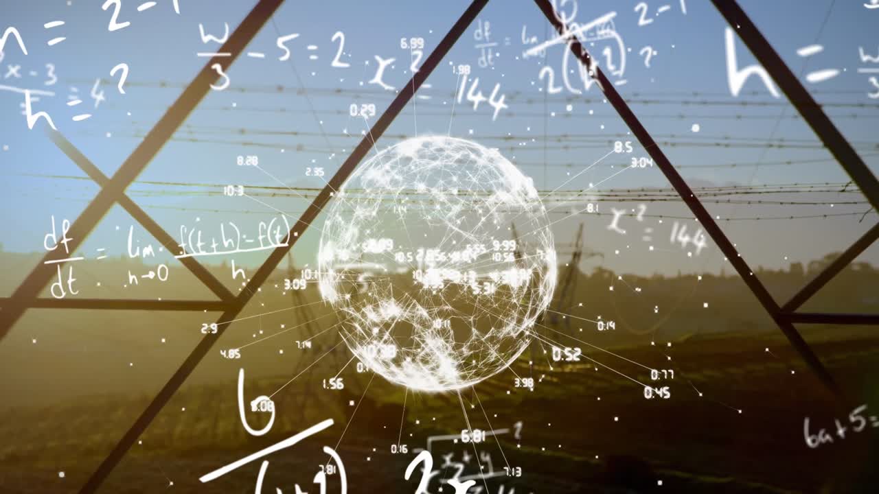 추상적인 배경에 대한 전 세계 숫자에 대한 수학적 방정식의 애니메이션
