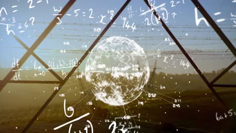 Animation-of-mathematical-equation-over-numbers-around-globe-against-abstract-background