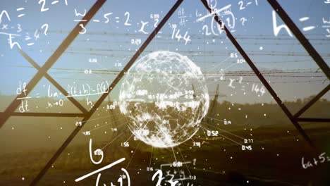 animation of mathematical equation over numbers around globe against abstract background