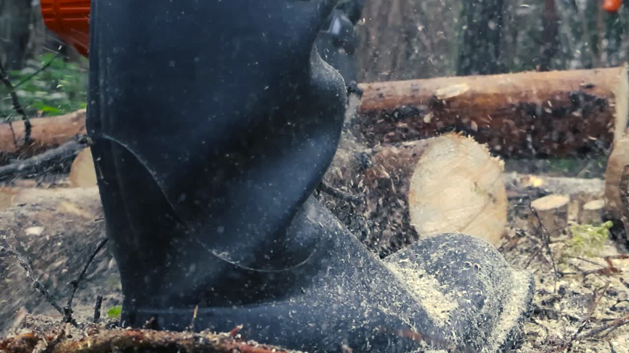 Low angle footage of a person with rubber boots using a chainsaw to cut through a timber or a log and make it into smaller pieces. Cutting creates saw dust and wood chips that fly in slow motion.