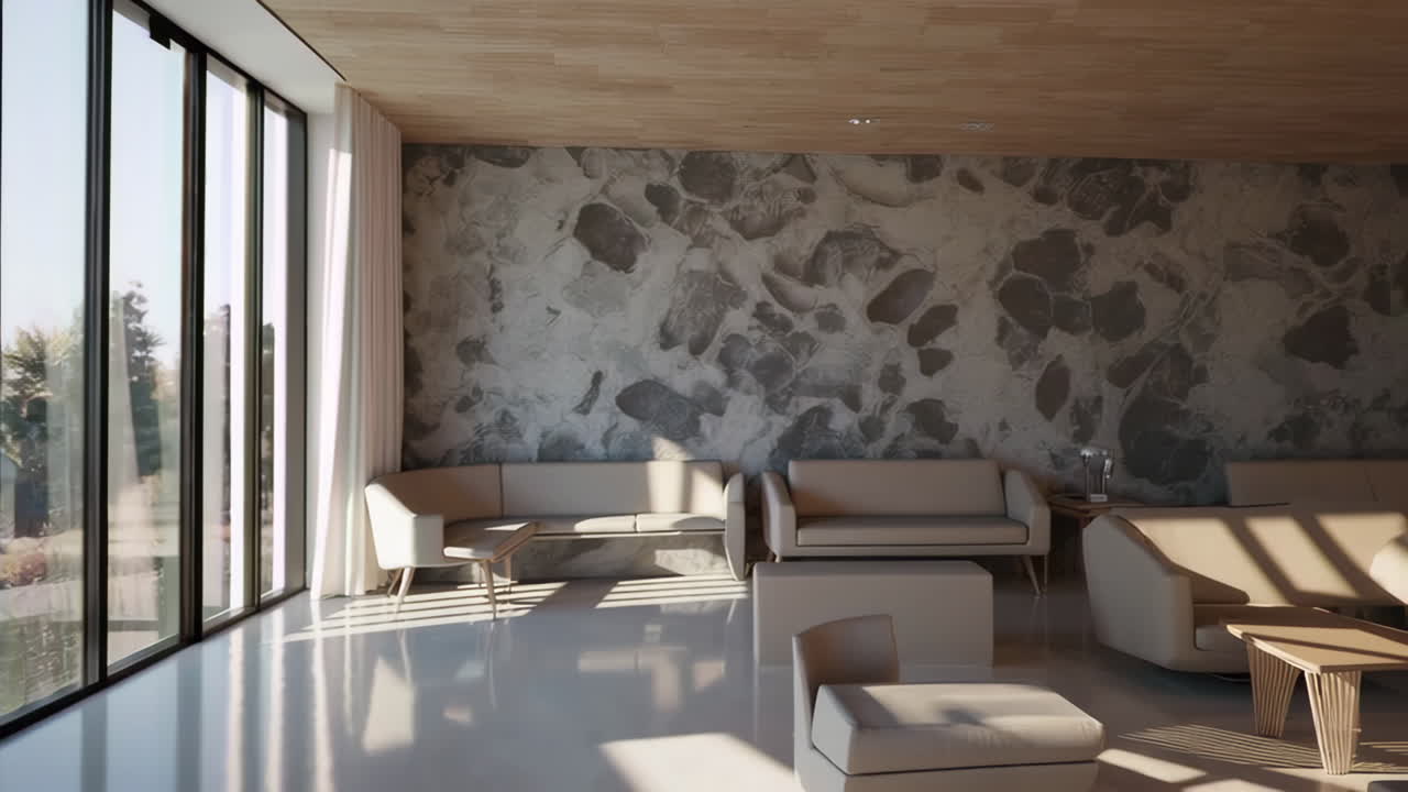 Modern and Bright Waiting Room with Textured Accent Wall and Natural Light