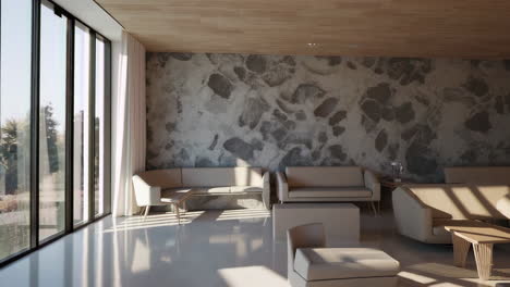 modern and bright waiting room with textured accent wall and natural light