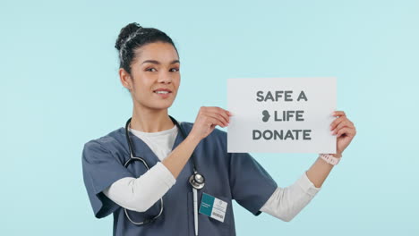 Donate,-sign-and-woman-face-of-nurse-advertising