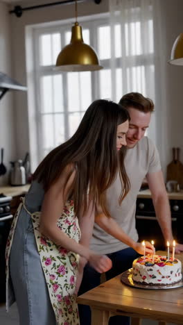 couple lights birthday candles on a cake in the kitchen