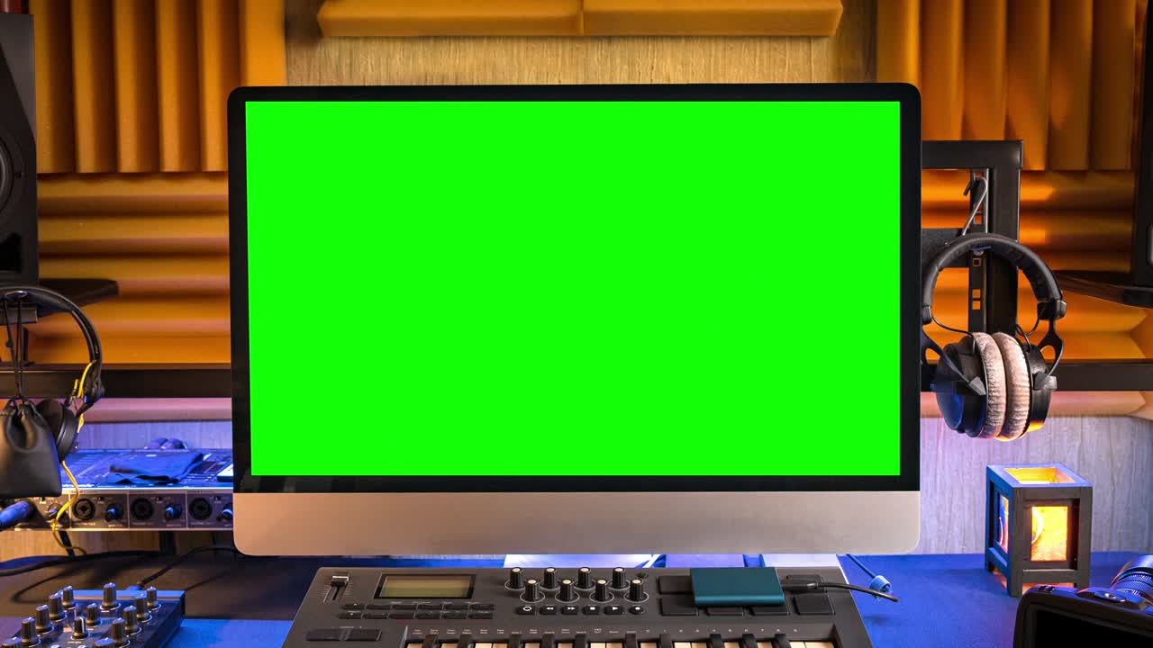 창의적인 사람의 직장에서 녹색 화면으로 된 컴퓨터 모니터