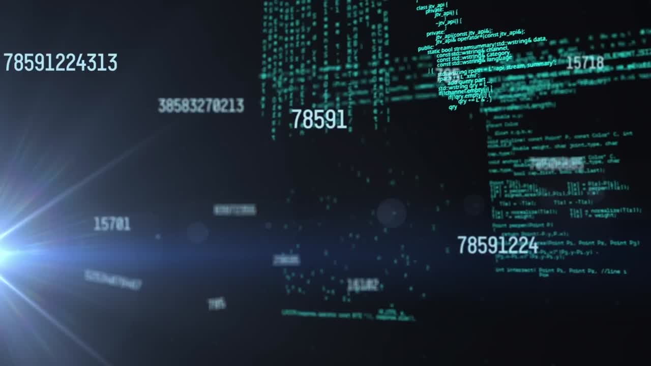 Animation of numbers and data processing over dark background