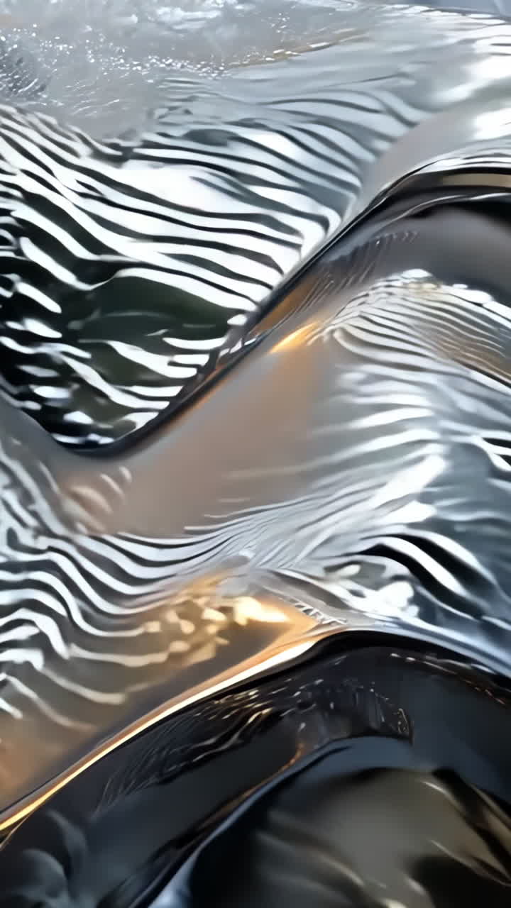 The image is a silver and gold wave that appears to be made of metal. The wave is very long and has a very shiny appearance. Scene is very calm and serene